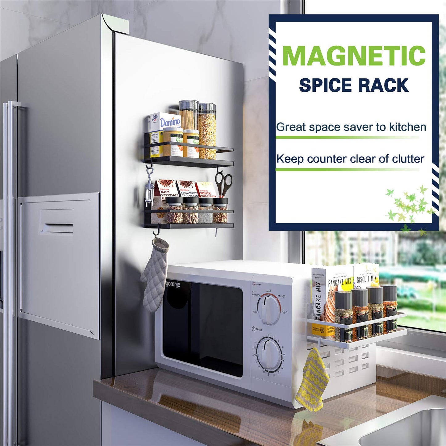 Magnetic Spice Rack, Thipoten Strong Magnetic Shelf with 2 Removable Hooks, Perfect Space Saver for Small Kitchen/ Apartment, Awesome Metal Cabinet for Holding Spices, Jars, Salt (White, 2Pack)