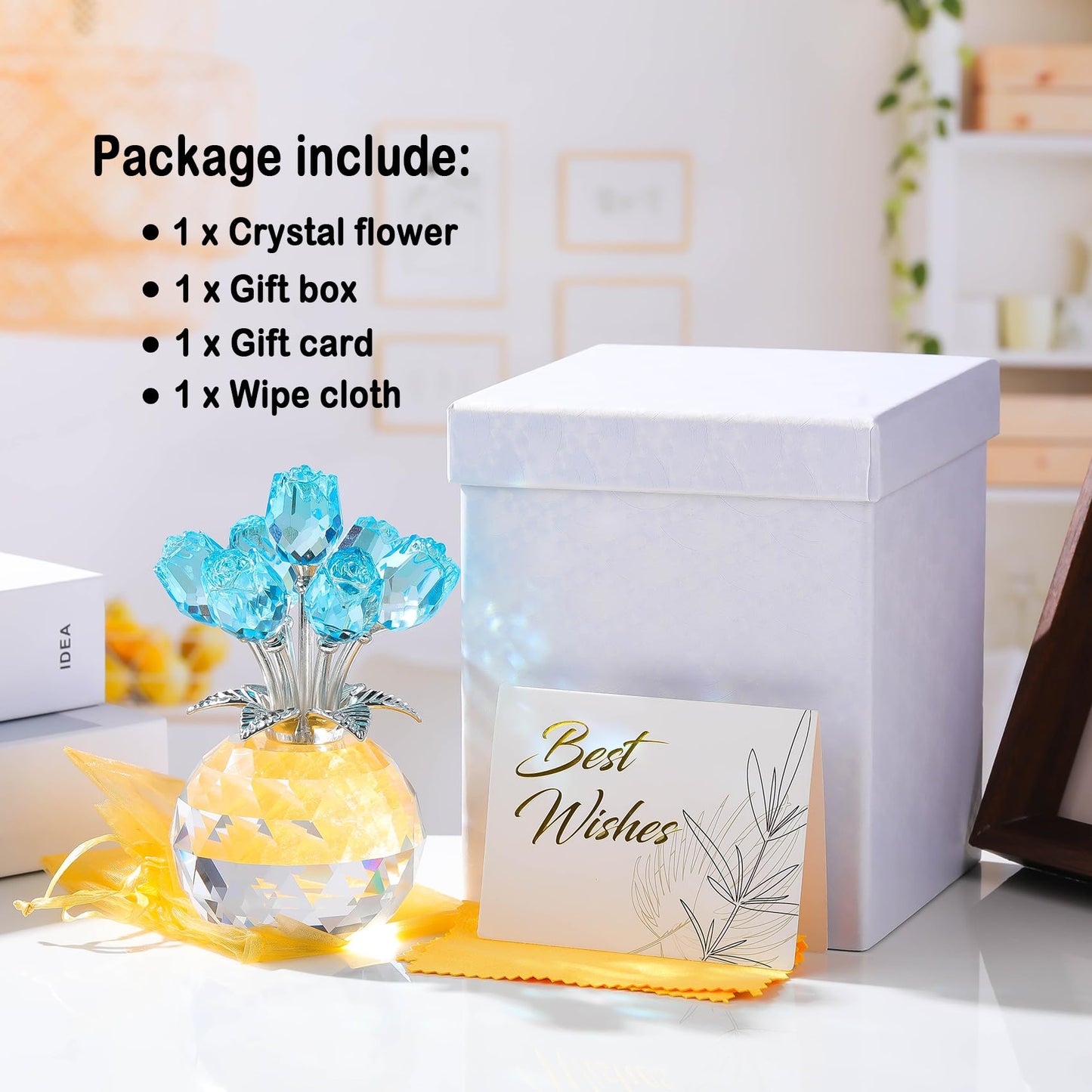 Arikyrist Crystal Lake Blue Rose Bouquet Figurine with Round Vase Gifts for Her, Glass Rose Flower Romantic Keepsakes for Women Mom on Christmas, Collectible Decoration Table Centerpiece for Home