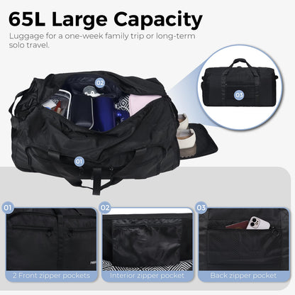 Fmeida 65L Foldable Travel Duffle Bag, Lightweight Waterproof Weekend Luggage with Shoes Compartment, Large Overnight Holdall Tote, Black