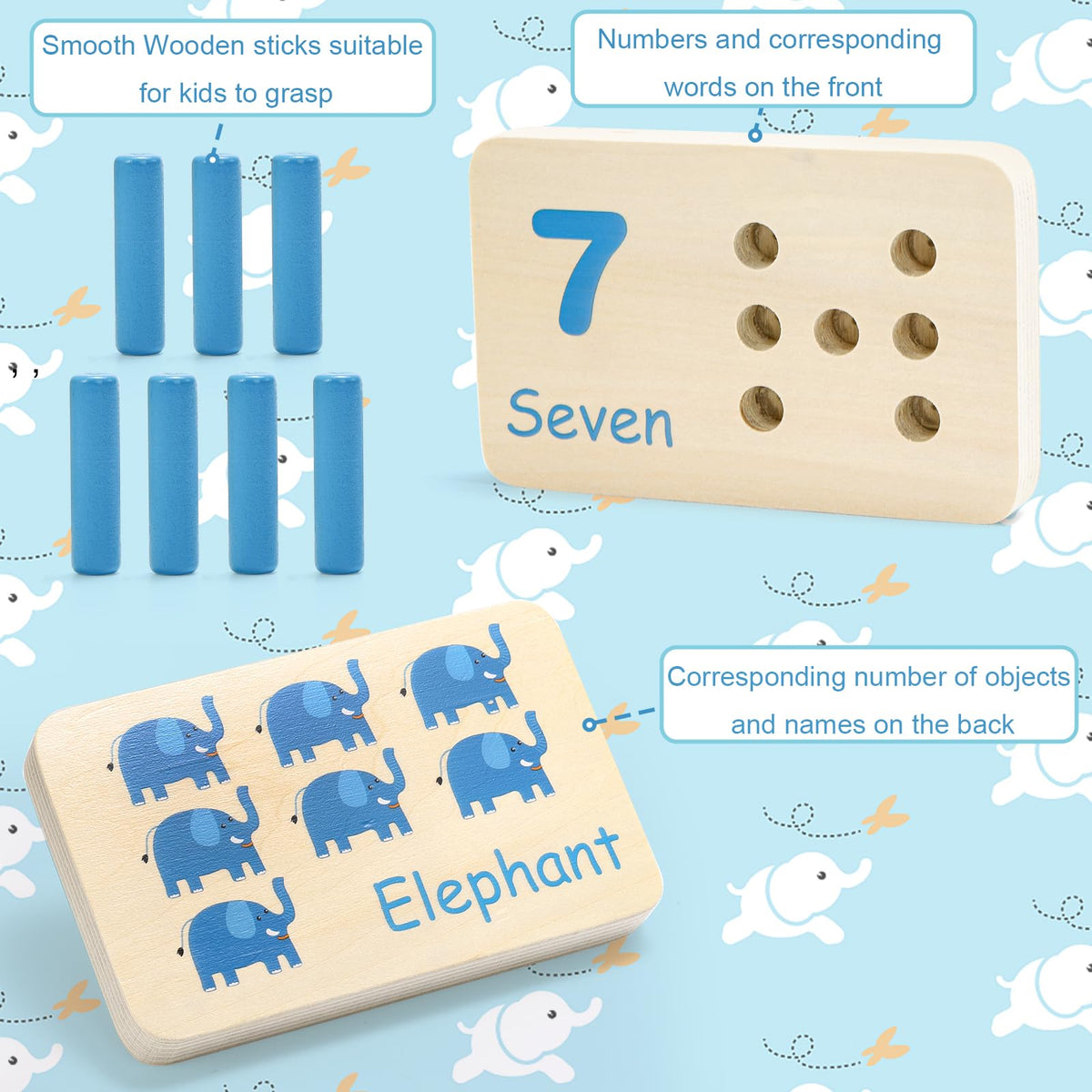 Suwimut Wooden Counting Peg Board, Kindergarten Math Manipulatives Number Counting Toys, Learning Activities Montessori Educational Toys for 3 4 5 Year Old Kids Boys Girls Gifts
