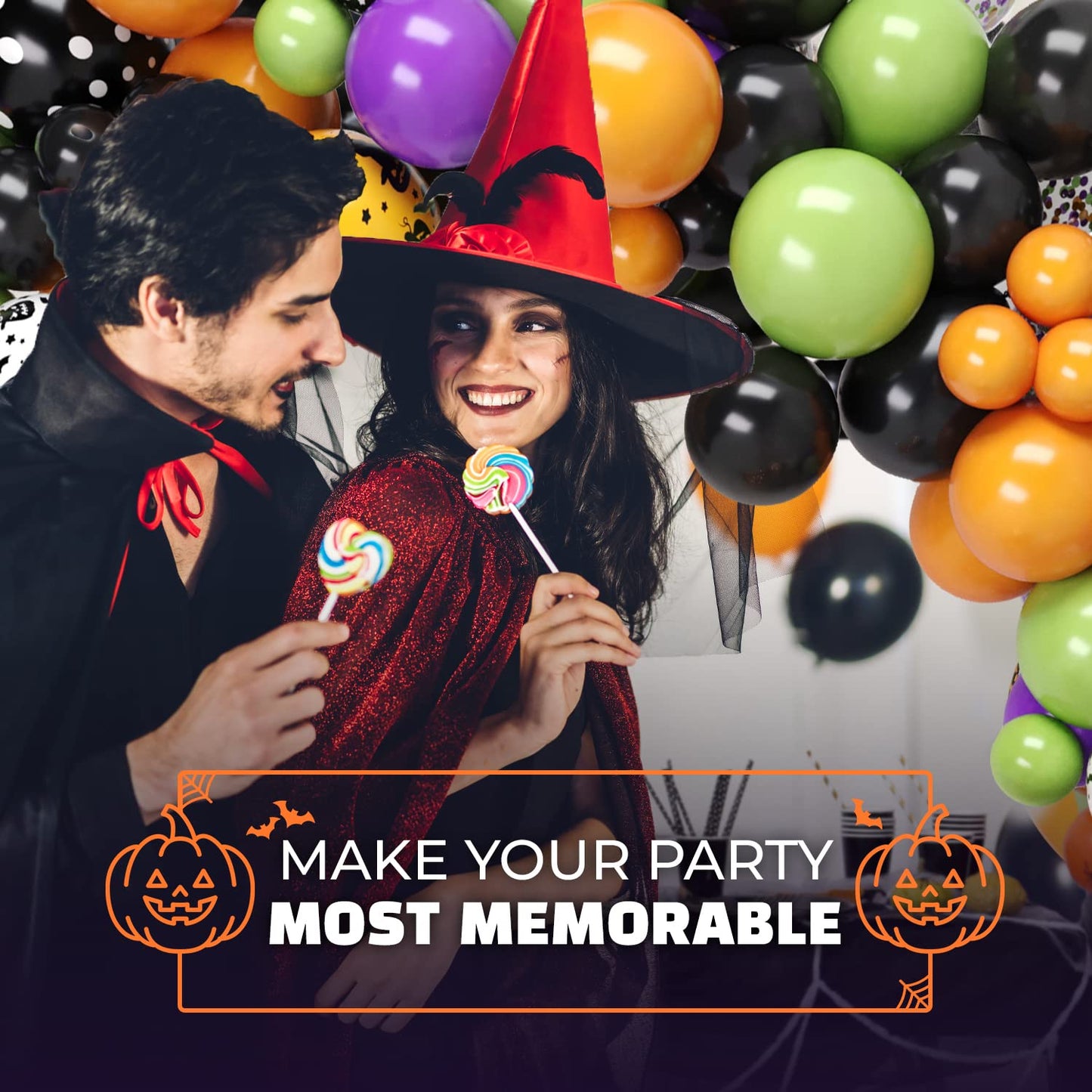 Halloween Balloon Garland Arch Kit – 98 Pcs Black, Orange, Green, Violet Latex + Bat, Pumpkin & BOO Foil Balloons with Accessories – Spooky Party Decor – DIY Kit by Vellax®