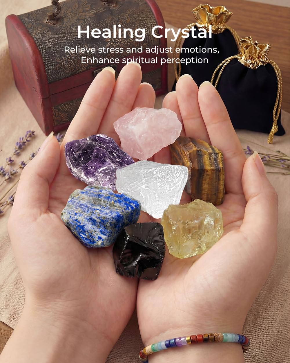Crystals and Healing Stones Set, Chakra Healing Crystals, 7 Chakra Stones Set, Chakra Bracelets, Rose Crystal Wand and Ball, Reiki Energy Balance and Protection, Relief Anxiety Stress Gifts for Women