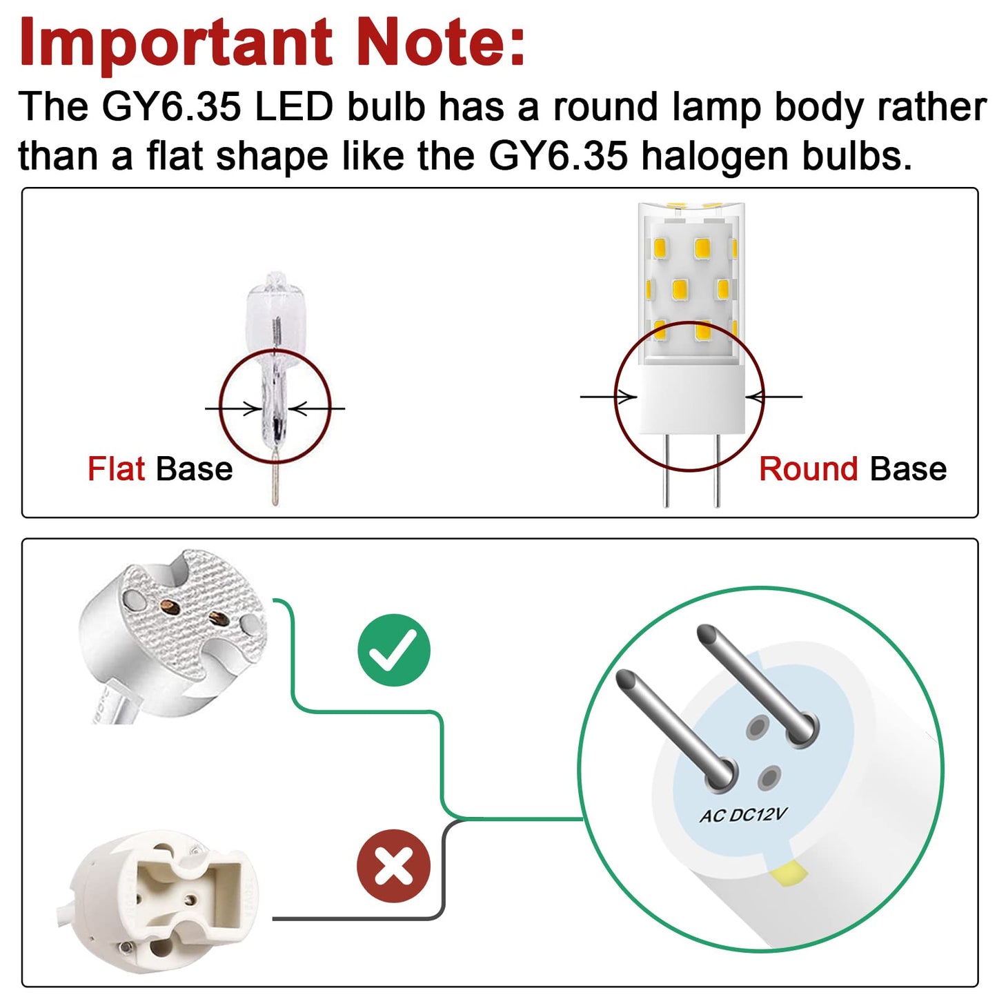 GY6.35 LED Bulb 5W Equivalent to 50W Bi-pin Base Halogen Bulb, AC/DC 12V Daylight White 6000K for Pendant Light, Chandelier, Desk Light, Accent Lights, Landscape Lighting, Non-Dimmable (4 Pack)