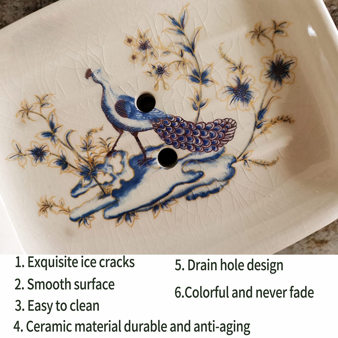 Kelake Ceramic Soap Dish Creative Ice Crack Ceramic Peacock and Flower Pattern Soap Dish Holder for Bathroom and Shower Soap Tray Box with Drain Gift for Mum Family