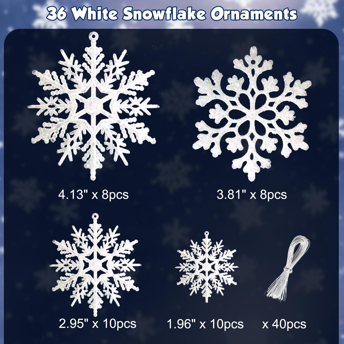 36 Pack White Snowflake Ornaments Plastic Glitter Snow Flakes Ornaments for Winter Christmas Tree Decorations Size Varies Craft Snowflakes