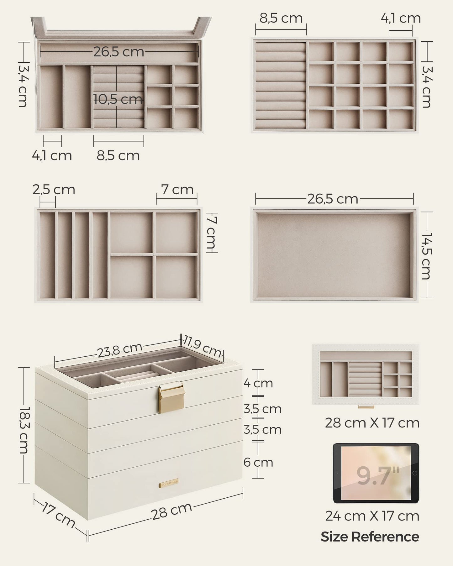 SONGMICS Stackable Jewellery Trays, 4-Tier Jewellery Box, Large Jewellery Case, Clear Glass Lid, 17 x 28 x 18.3 cm, for Dressing Table, Gift Idea, Cloud White JBC164W01