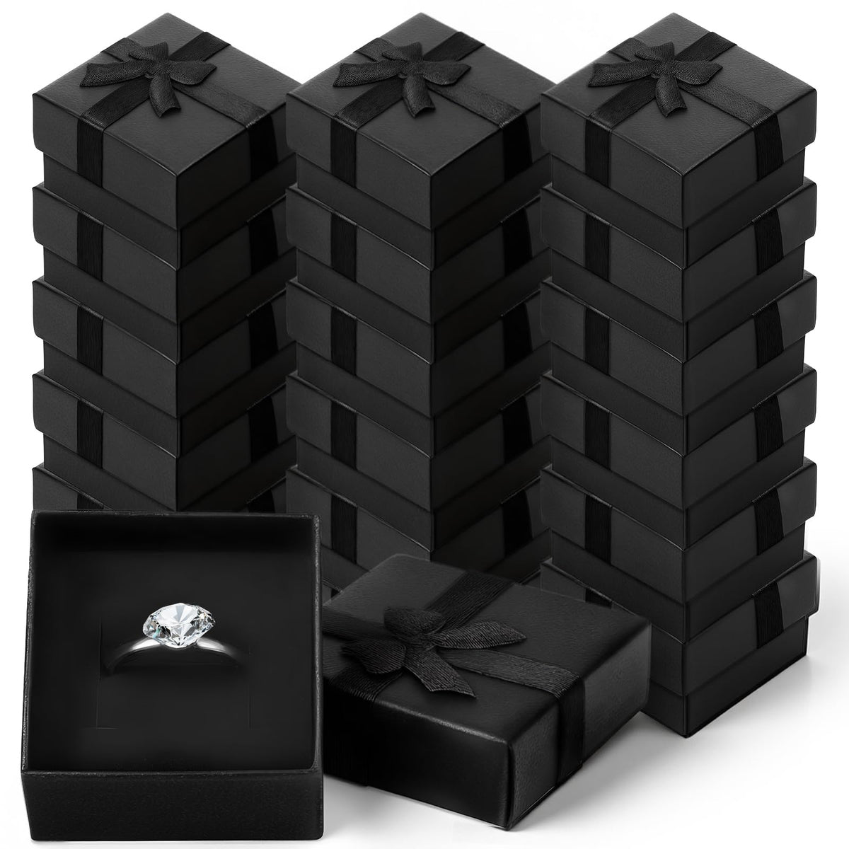 Lyksgir 72 Pcs Ring Boxes Bulk, 1.5 x 1.5 In Hard Cardboard Jewelry Box with Ribbon Bow, Cardboard Ring Gift Box Set with Bow Square, for Jewelry Organization, Gift Giving & Special Events(Black)