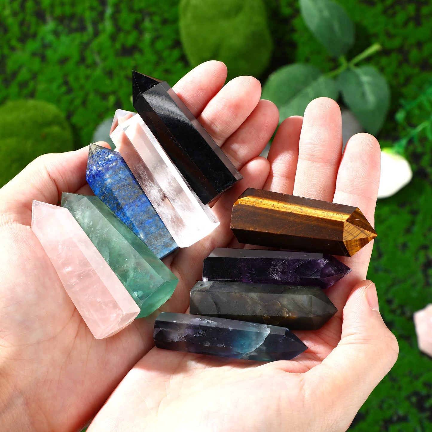 Junkin 9 Sets Healing Crystal Wand, Amethyst Rose Quartz Clear Quartz Tiger Eye Obsidian Fluorite Labradorite Lapis Lazuli for Meditation Crystal Therapy Reiki Supplies(Mixed Color,2-2.4 Inch)