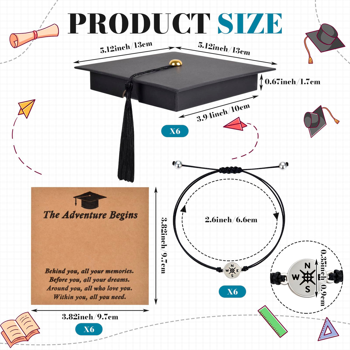 6 Sets Graduation Gift Grad Cap Box & Bracelet - 2026 Graduation Gifts Her Him, Adjustable Unisex Compass Bracelets Bracelet Tassel & Wish gift Grad card for Primary, Middle, High School & College Graduates