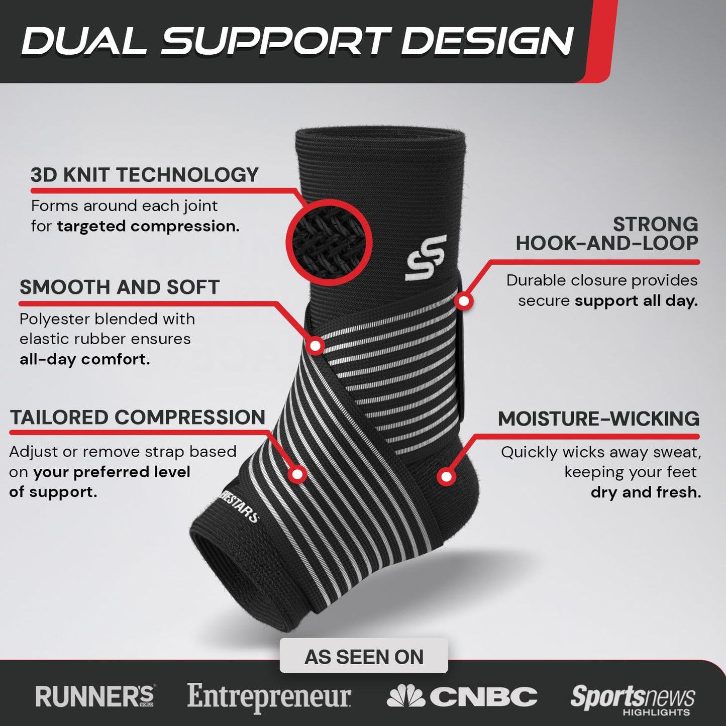 Sleeve Stars Ankle Brace for Women & Men, Ankle Wrap for Sprain, Compression Sleeve for Plantar Fasciitis Relief, Easy Customizable Support: w/Removable Strap (Single/Black)