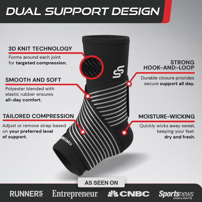 Sleeve Stars Ankle Brace for Women & Men, Ankle Wrap for Sprain, Compression Sleeve for Plantar Fasciitis Relief, Easy Customizable Support: w/Removable Strap (Single/Black)