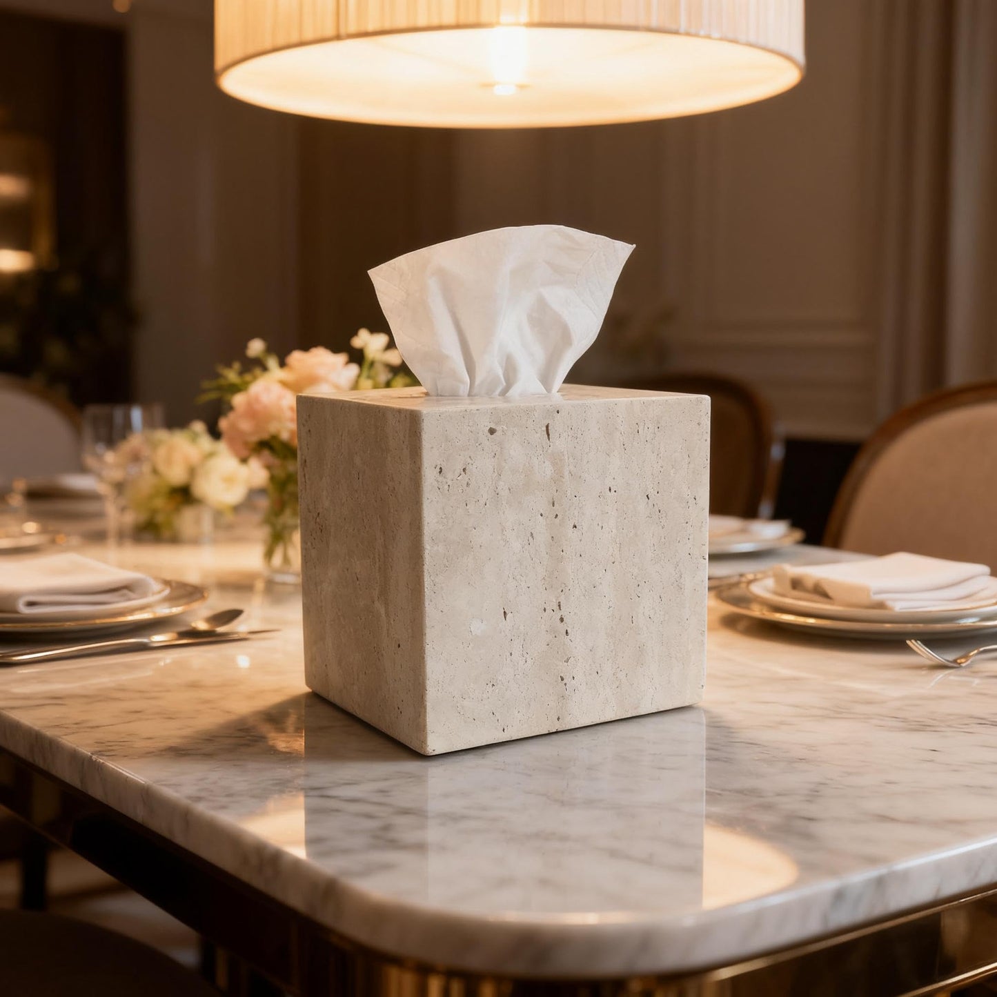 Jusmioke Natural Travertine Marble Tissue Box Cover, Stone Square Pumping Paper, Roll Toilet Paper Holder for Living Room, Bathroom, Kitchen and Home Decor