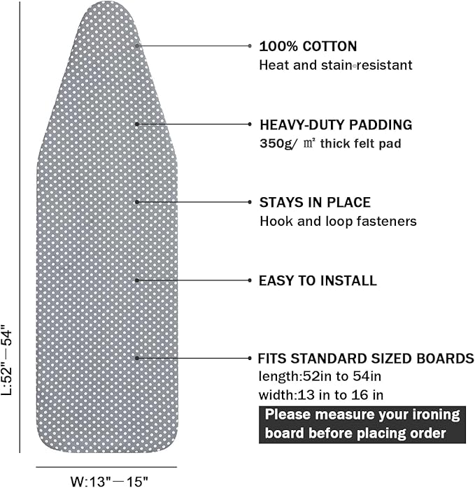 Ironing Board Cover and Pad Standard Size 15 x 54, 3 Pairs of Hook and Loop