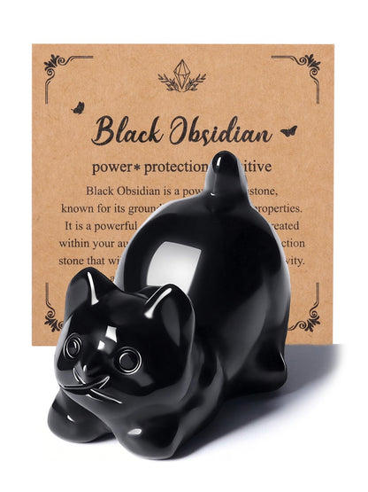 MANIFO Black Obsidian Crystal Cat Figurine for Cat Lovers Cute Gemstone Cat Ornaments for Home Office Cat Statue Gifts