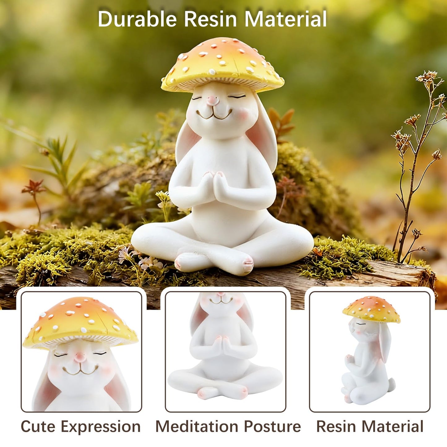DearKeeps Meditation Mushroom Resin Statues – Cute Yoga Mushroom Figurines for Desk, Home, Office & Garden Decor – Zen Resin Sculptures for Living Room, Patio, Tabletop & Backyard (1 Pack, Rabbit)
