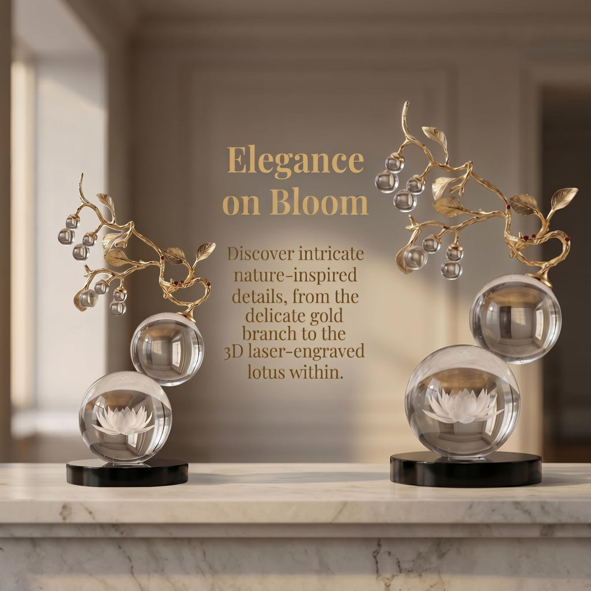 Mataura Large Glass Sculpture Decor, Nature Inspired Decorative Statue with Gold Metal Branch - Minimalist Tabletop Sculpture Home Decor for Desk Living Room Shelf Office - Unique Housewarming Gift