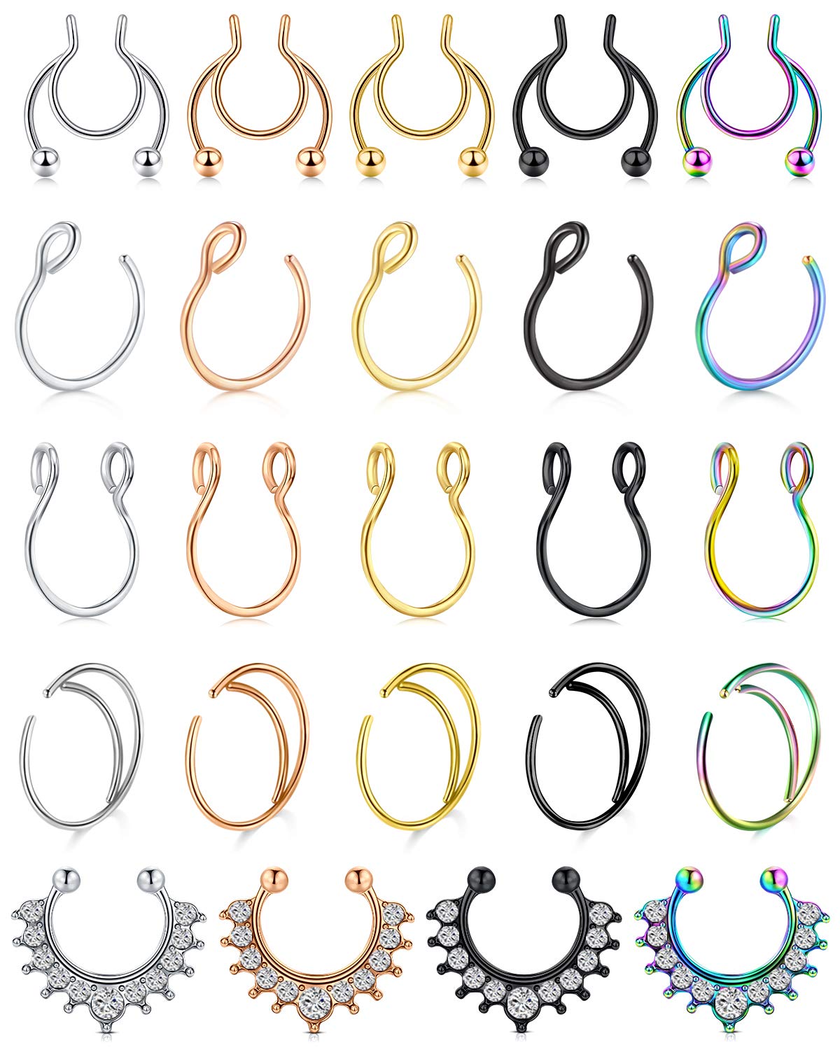 D.Bella Fake Septum Faux Nose Rings Hoop Stainless Steel Faux Lip Ear Nose Septum Ring Non Piercing Clip On Nose Hoop Rings Body Piercing Jewelry