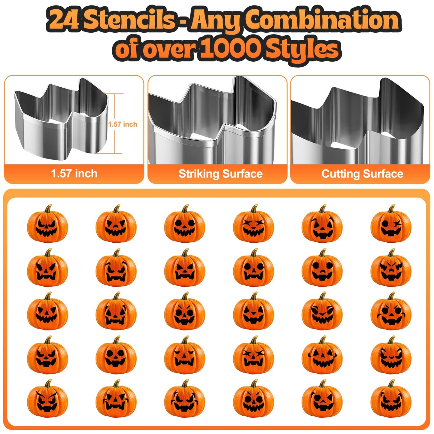 Pumpkin Carving Kit, 27PCS Stainless Steel Tools with 24 Halloween Shape Molds & 3 Carving Tools, Safe DIY Pumpkin Decor for Adults and Kids, Machine Washable