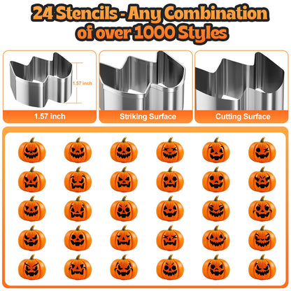 Pumpkin Carving Kit, 27PCS Stainless Steel Tools with 24 Halloween Shape Molds & 3 Carving Tools, Safe DIY Pumpkin Decor for Adults and Kids, Machine Washable