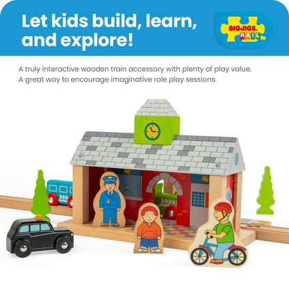 Bigjigs Rail Wooden Train Station | Accessories for Wood Railway Track Set | Toy Engine Parking Playset | Fun Gifts for 3+ Year Old Children | Kids Montessori Learning Tool