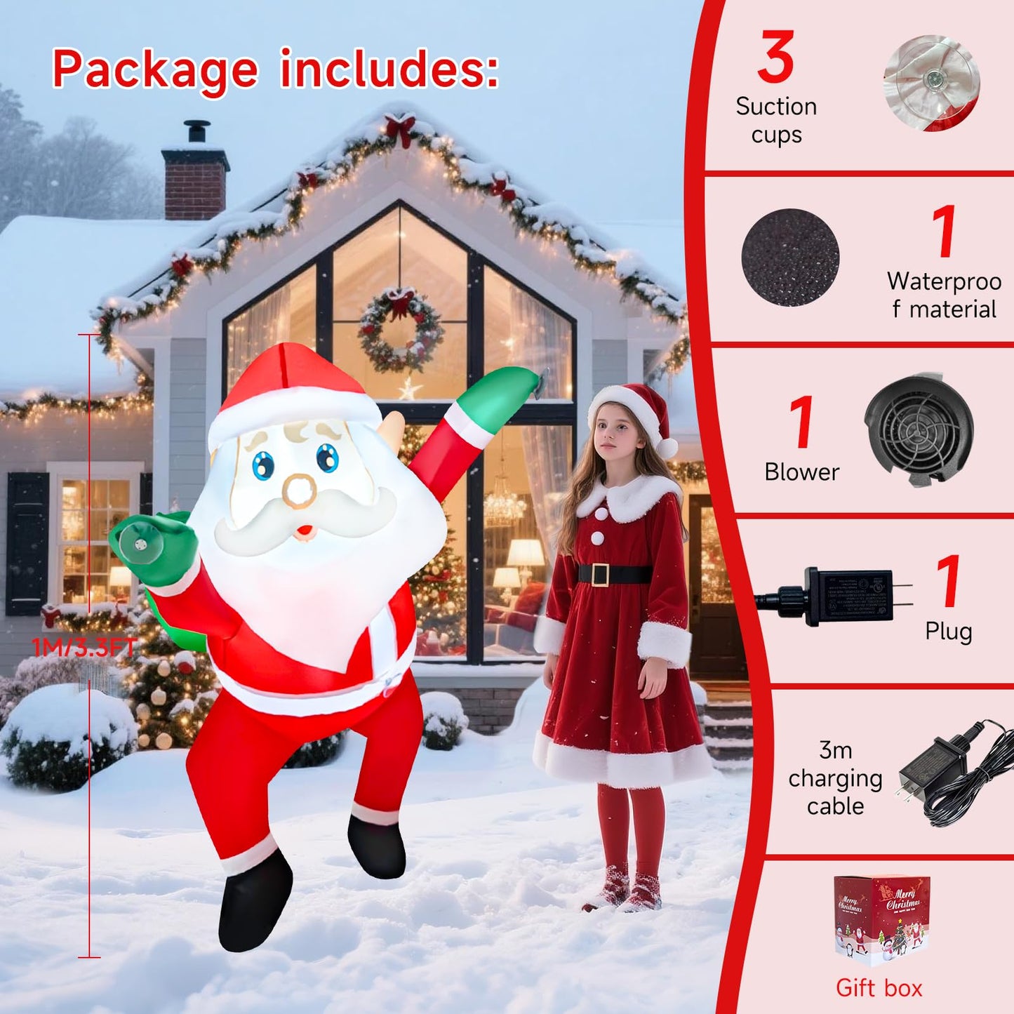 3 FT Christmas Inflatables Outdoor Decorations, Funny Cute Hanging Santa Claus with Gift Bag, Build-in LED Lights, Blow Up Xmas Decor for Indoor Yard Outside Fall Vacation Holiday Party Lawn