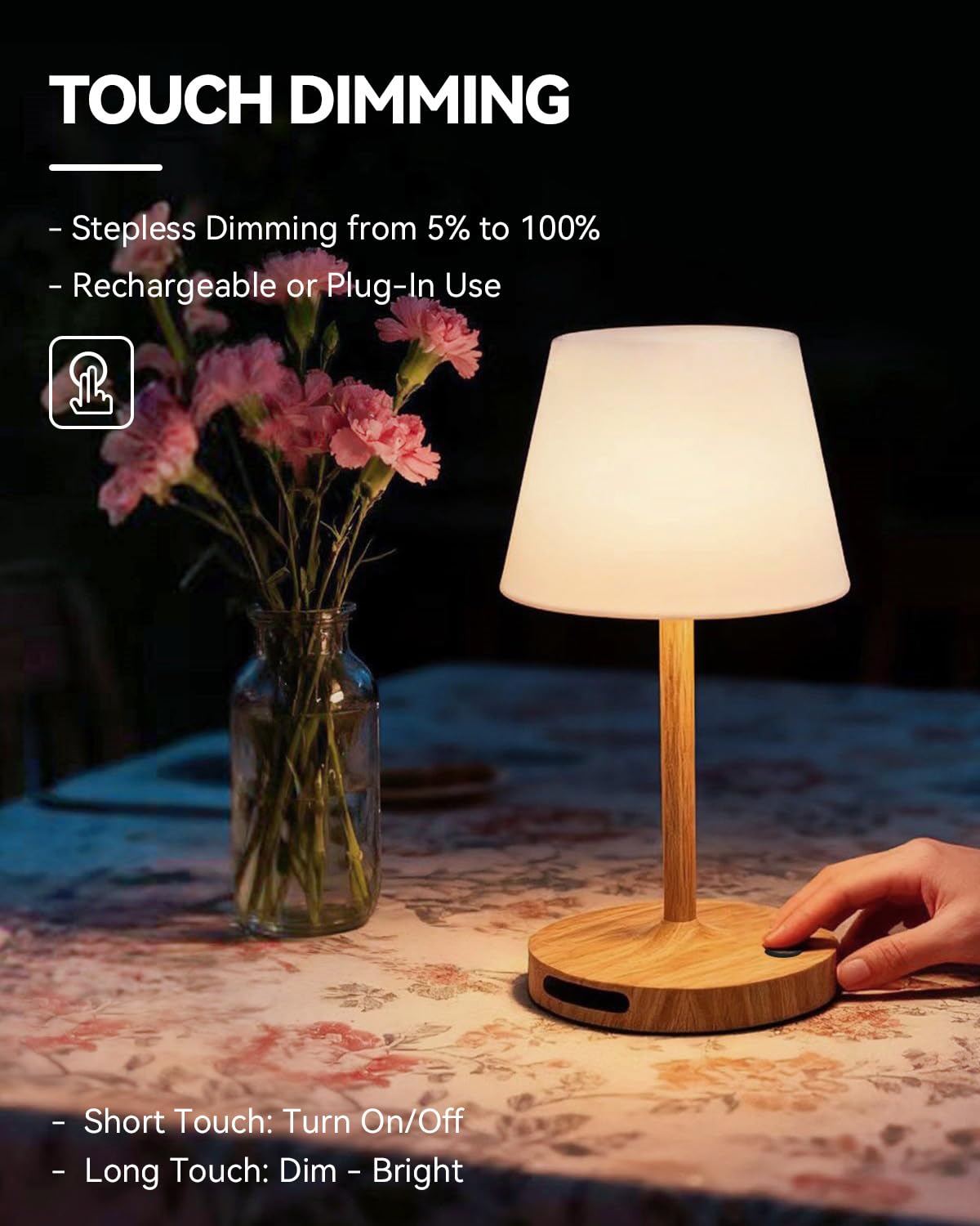 SAIWEYA Outdoor Waterproof Shower Lamp, 5200mAh Cordless Rechargeable Table Lamp with Touch Dimming, IP65 Wireless LED Night Light for Patio, Camping, Bathroom, Restaurant & Kitchen