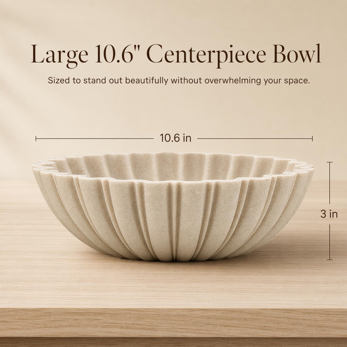 HFWDGTAO Decorative Bowl for Home Decor, 10.6" Large Modern Beige Scalloped Fruit Bowl for Coffee Table, Entryway Table, Kitchen Counter, Centerpiece for Keys or Candy