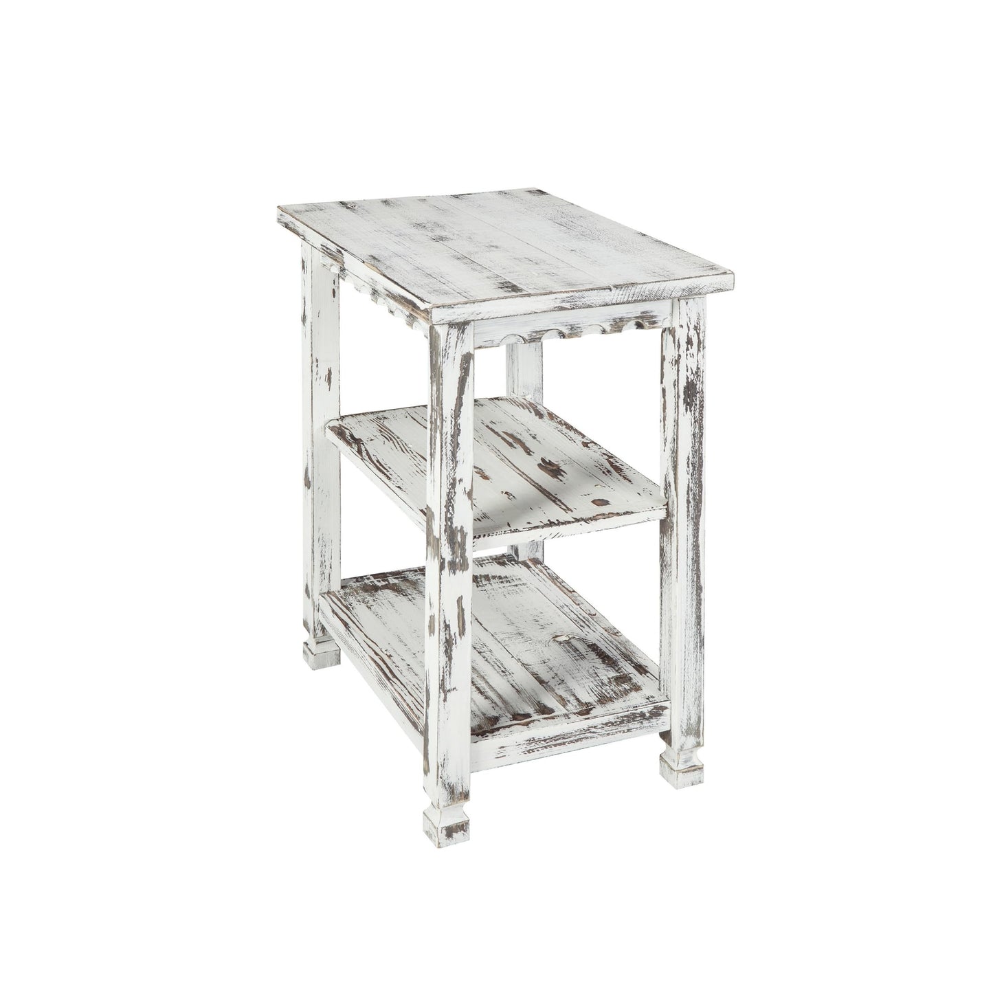 Alaterre Furniture Country Cottage Rustic Farmhouse Nightstand – 3-Tier Narrow End Table with Weathered Faded Finish, Carved Edges, & Turned Legs (Distressed Antique White)