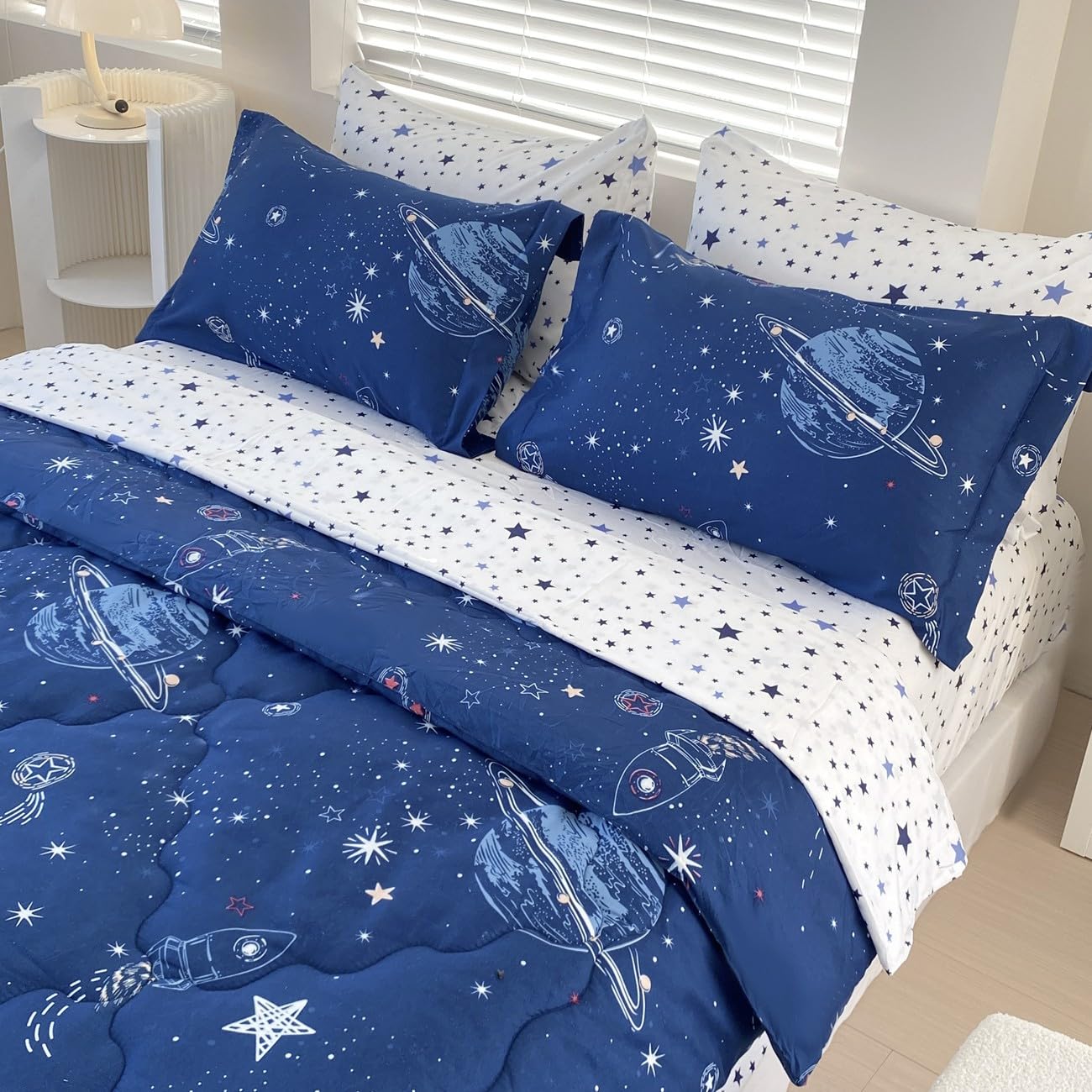 Gusuhome 7 Piece Boys Space Comforter Set Twin Size Bed in A Bag Star Rocket Galaxy Universe Planets Bedding Set for Kids Teens Girls Microfiber Blue Quilt All Season