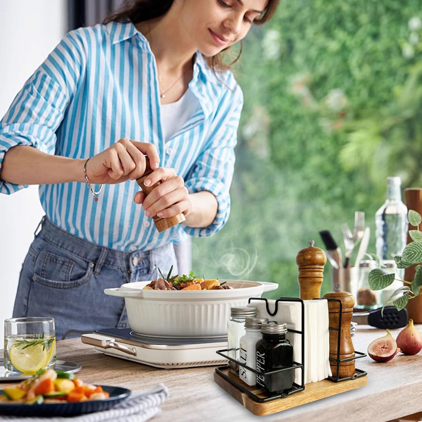 Napkin Holders for Kitchen Table, Rotating Wood Vertical Napkin Dispenser That Can Hold Salt and Pepper, Rustic Napkin Holder for Kitchen Dining Table Decor Brow Acacia