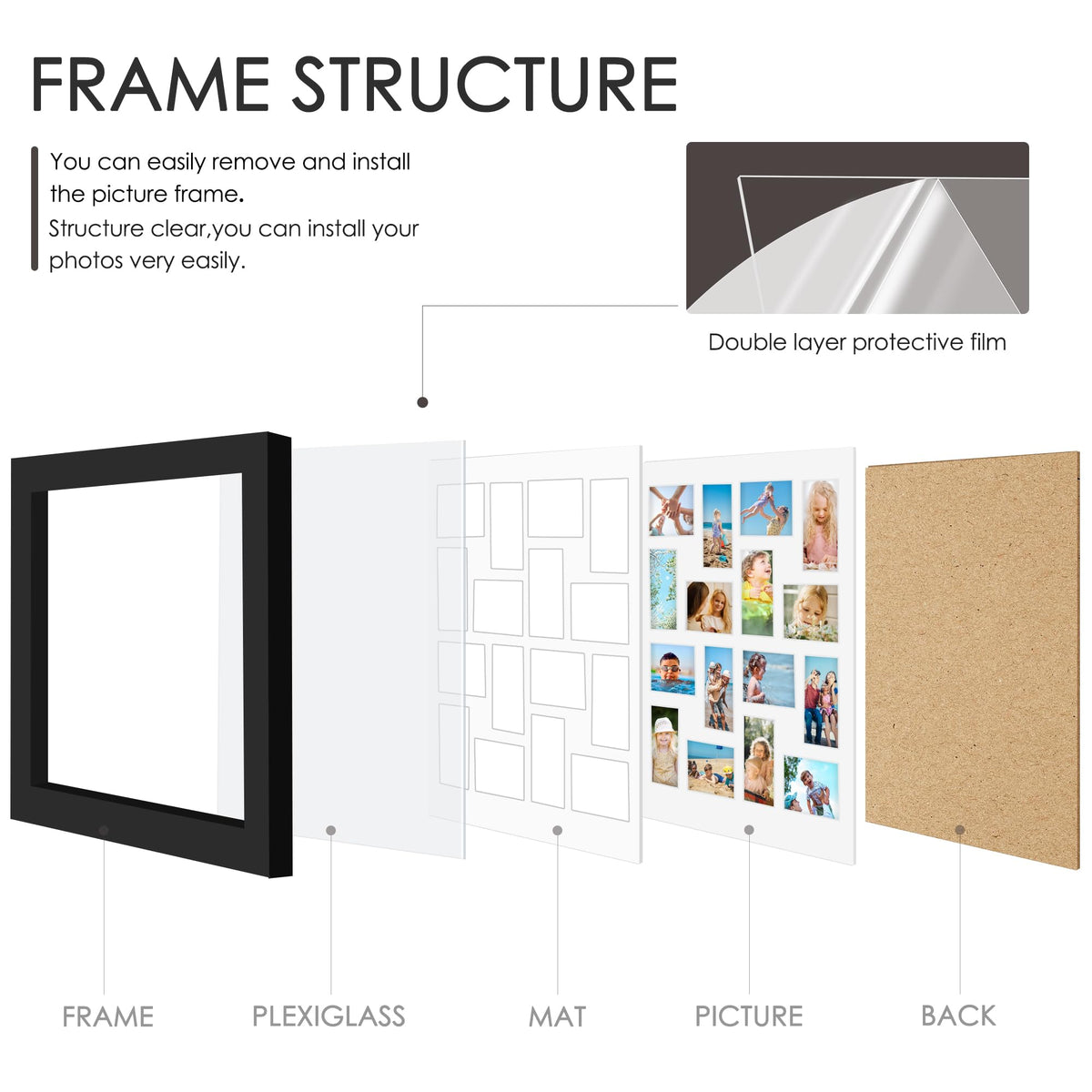 DUENPY 22x22 Picture Frame 4x6 Collage Picture Frame Displays Sixteen 4x6 inch Photos Collage Wall Decor Wall Hanging Black