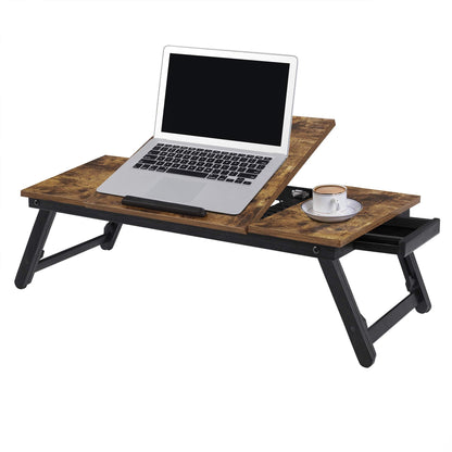 SONGMICS Laptop Desk, Bed Sofa Breakfast Tray, Adjustable Tilt Top, Right-Left Handed, Adjustable Folding Legs, Drawer, Rustic Dark Brown ULLD110B01