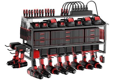 FULOOPHI Power Tool Organizer Wall Mount with Charging Station, 3 Layer Storage Rack and Tool Holder for Garage Organization, 8 Drill Holder Wall Mount and 6 Outlet Power Strip