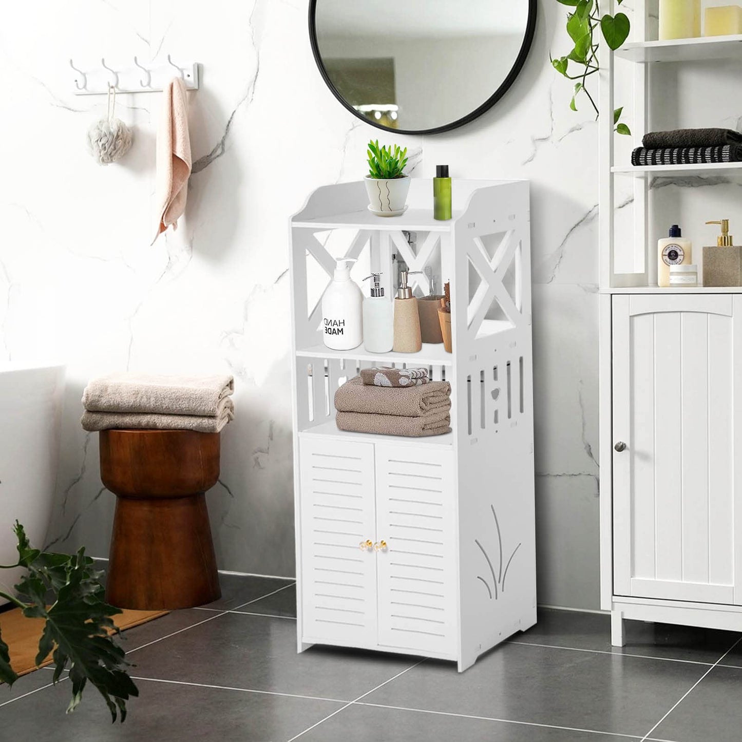 Youyijia 3 Tier Bathroom Storage Cabinet Floor Standing Display Cabinet Home Storage Furniture Organizer Unit for Office Living Room Kitchen Entryway White (3 Tier)