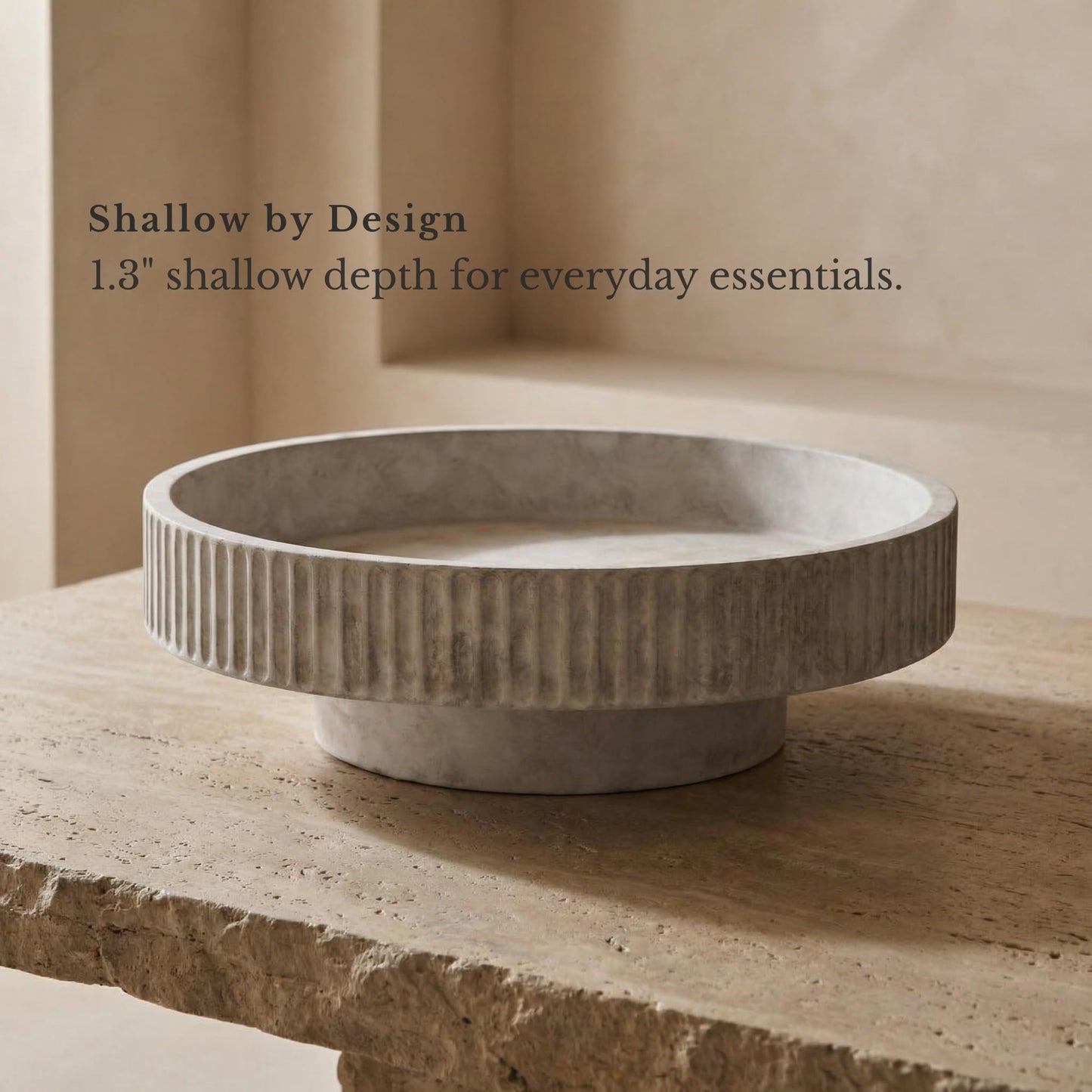 JUPTR Concrete Fruit Bowl (12") – Shallow Fluted Pedestal Decorative Centerpiece Bowl for Table, Entryway Catch-All & Modern Home Decor – Heavyweight Stone Bowl (Natural)