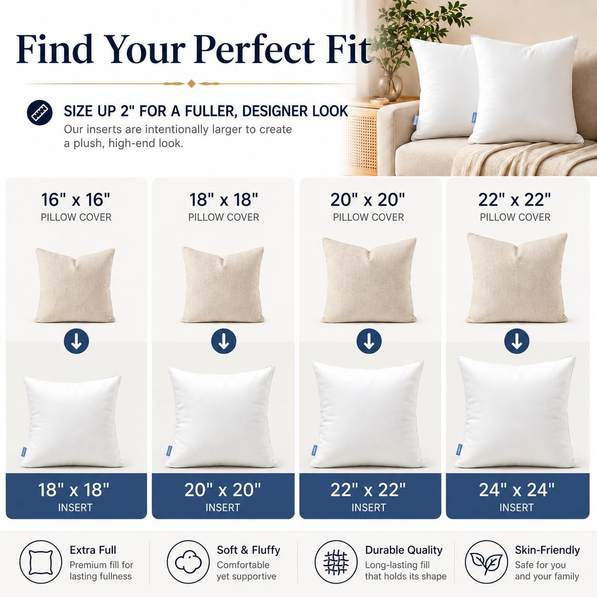 Leeden 20 x 20 Pillow Inserts (Set of 2) - Throw Pillow Inserts with 100% Cotton Cover - 20 Inch Square Decorative Pillows for Sofa, Couch, Bed and Home Decor