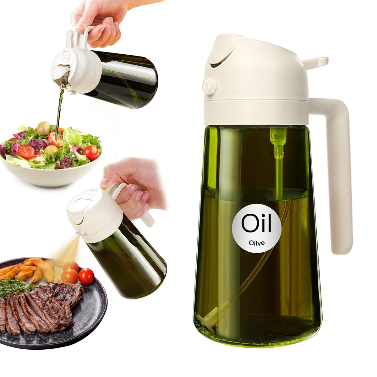 YARRAMATE 16oz/470ml Light-Blocking Dark Oil Sprayer for Cooking, 2 in 1 Olive Oil Dispenser Bottle for Kitchen, Premium Dark Green Glass Oil Bottle, Food-Grade Oil Mister for Air Fryer, BBQ (White)