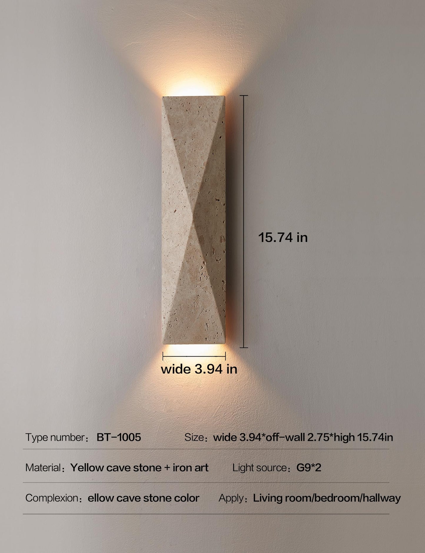 LVLVlech Travertine Wall Sconce, Stone Up Down Light for Hallway Bedroom