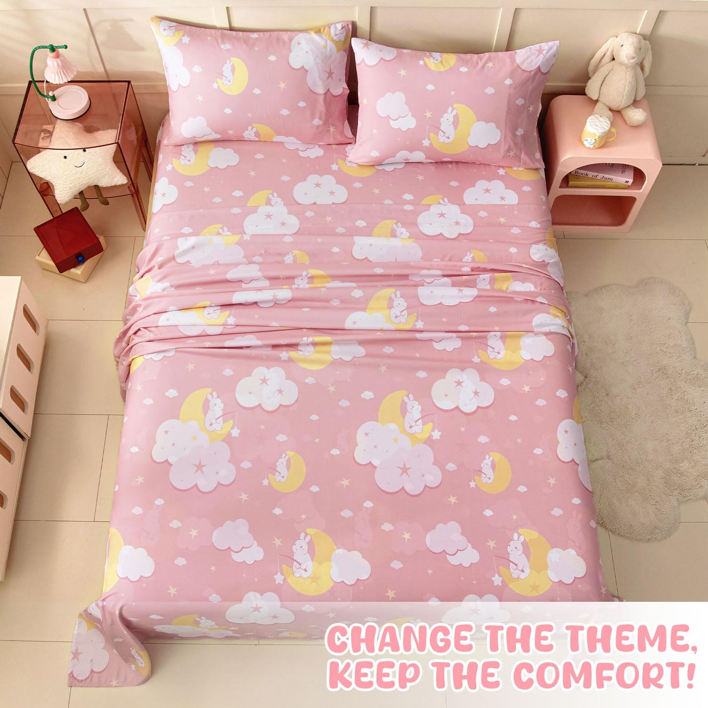 Swiftify Twin Sheet Set for Kids Girls, 3-Piece Bed Sheet Set for Toddler, Soft Brushed Microfiber Bedding, Deep Pocket, Wrinkle & Fade Resistant, Pink Bunny