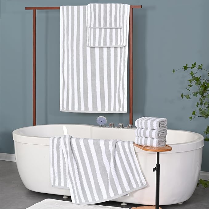 Gray and White Towels, 4 Hand 16"x27", 2 Bath 28"x52"