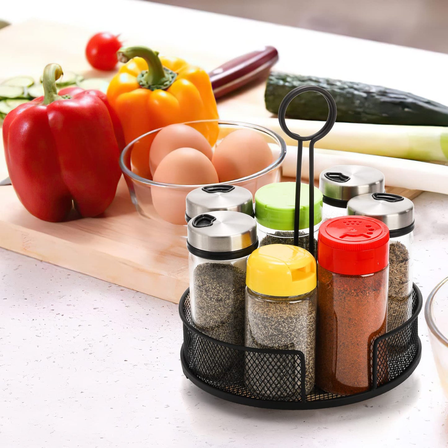 Yesland 2 Pack Metal Rotating Condiment Caddy with Number Card Holder, 7.75 Inch Round Caddy with Wooden Base, Black Coated Table Seasoning Organizer for Grill Outdoors, Dining Table, BBQ