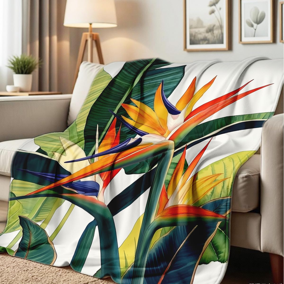 HUNXIAOJ Paradise Throw Blanket Birds Tropical Flowers Print Throw Floral Flannel Blanket for Sofa Bed Couch Office Home Decor Nature Botanical Lovers Gifts (49"x59")