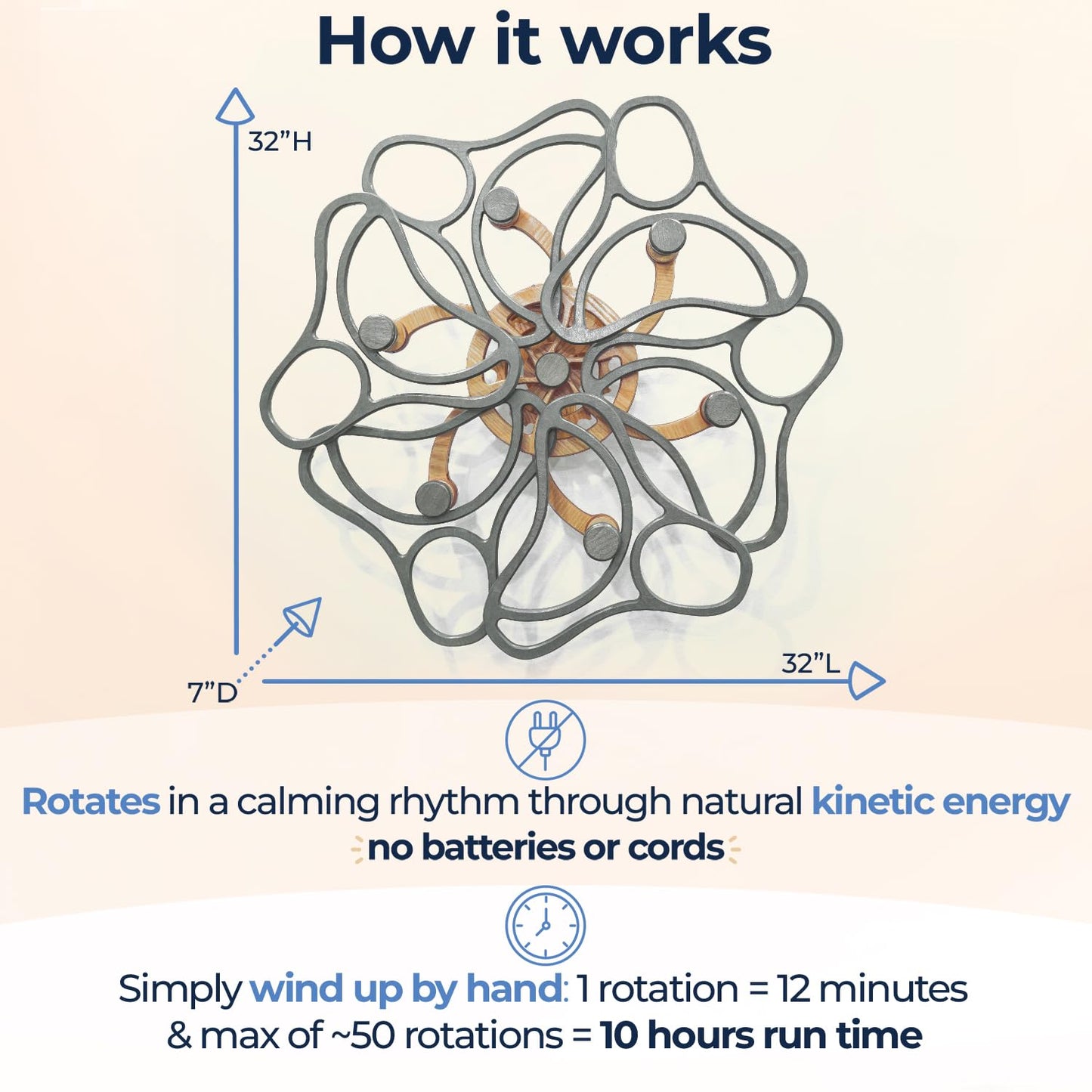 Mindsight Moving Kinetic Wall Art - 34 x 34 - Wind up to power peaceful motion (no battery) - Calming Wall Décor for Living Room, Office, Bedroom, Kitchen - Hand Crafted Wood - Wander, Glacier Gray