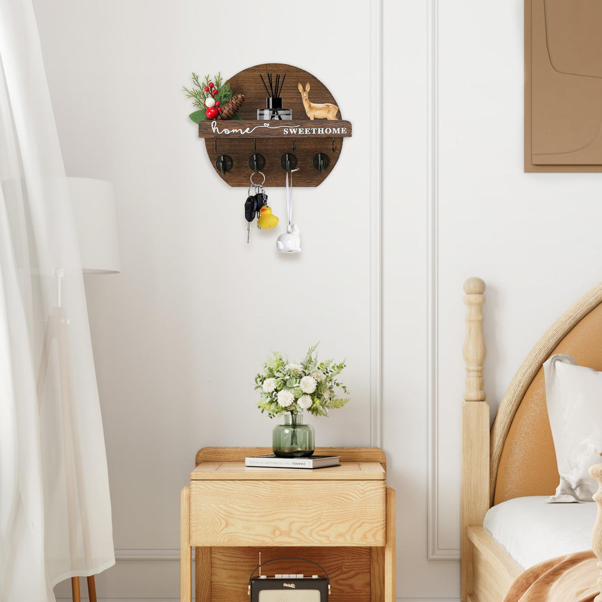 LEIRUOTM Key Holder for Wall, Key and Mail Holder Organizer - Key Holder Wall Mount with Bouquet Shelf and Key Hooks, Round Wooden Rustic Key Rack for Entryway and Home Decor (Brown)