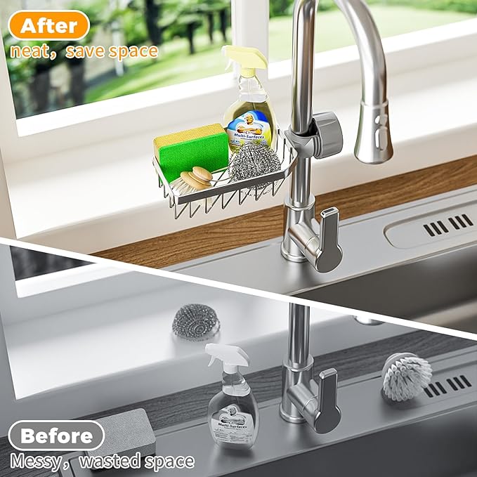 LONIN Sponge Holder Over Faucet Kitchen Sink Caddy Organizer, Stainless Steel