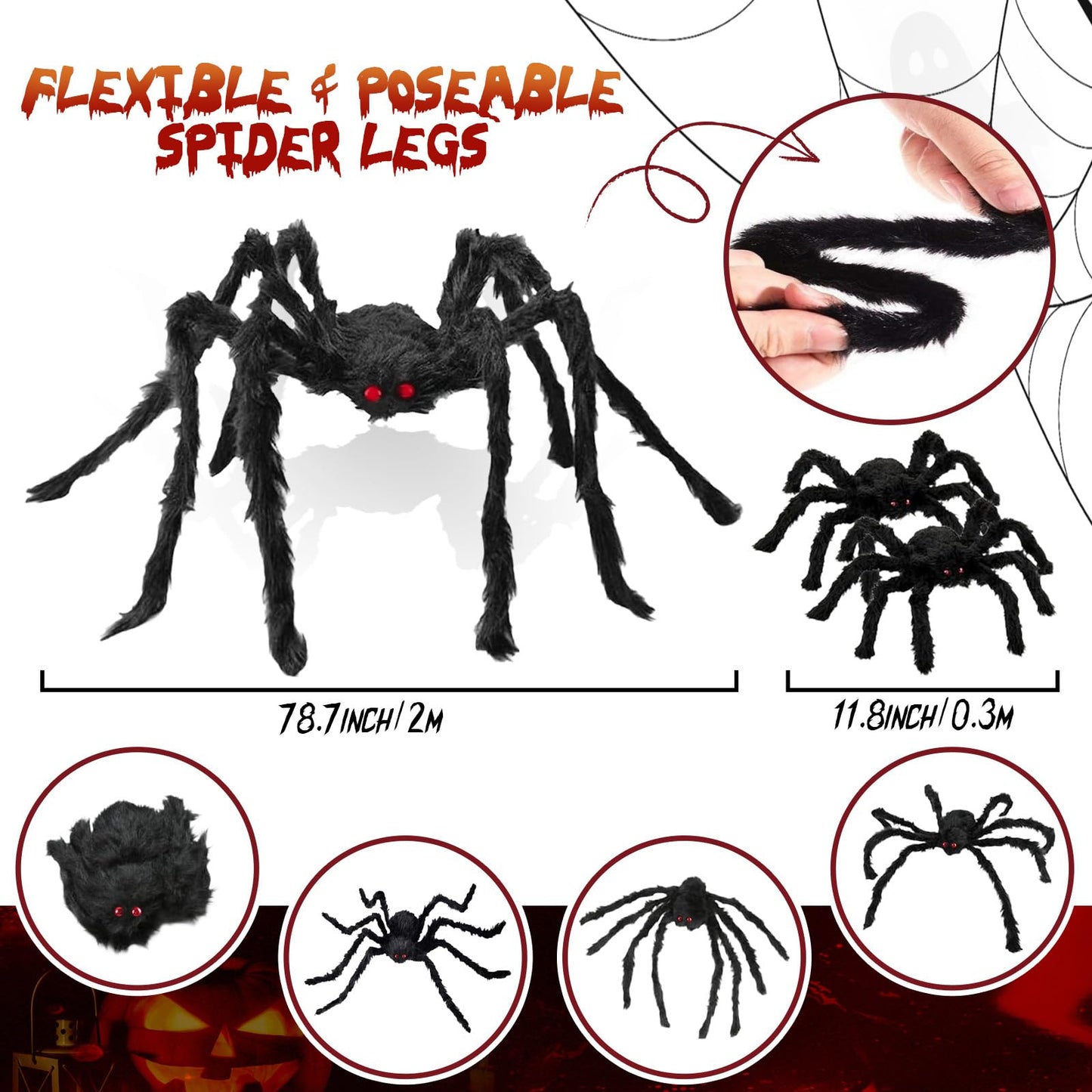 Giant Spider 6.6 Ft + 0.98 Ft*2, Halloween Decorations 78" Fake Halloween Decor Spiders Large, Furry Spiders for Outdoor Indoor Yard Home Costumes Party House Décor, 3 Pack