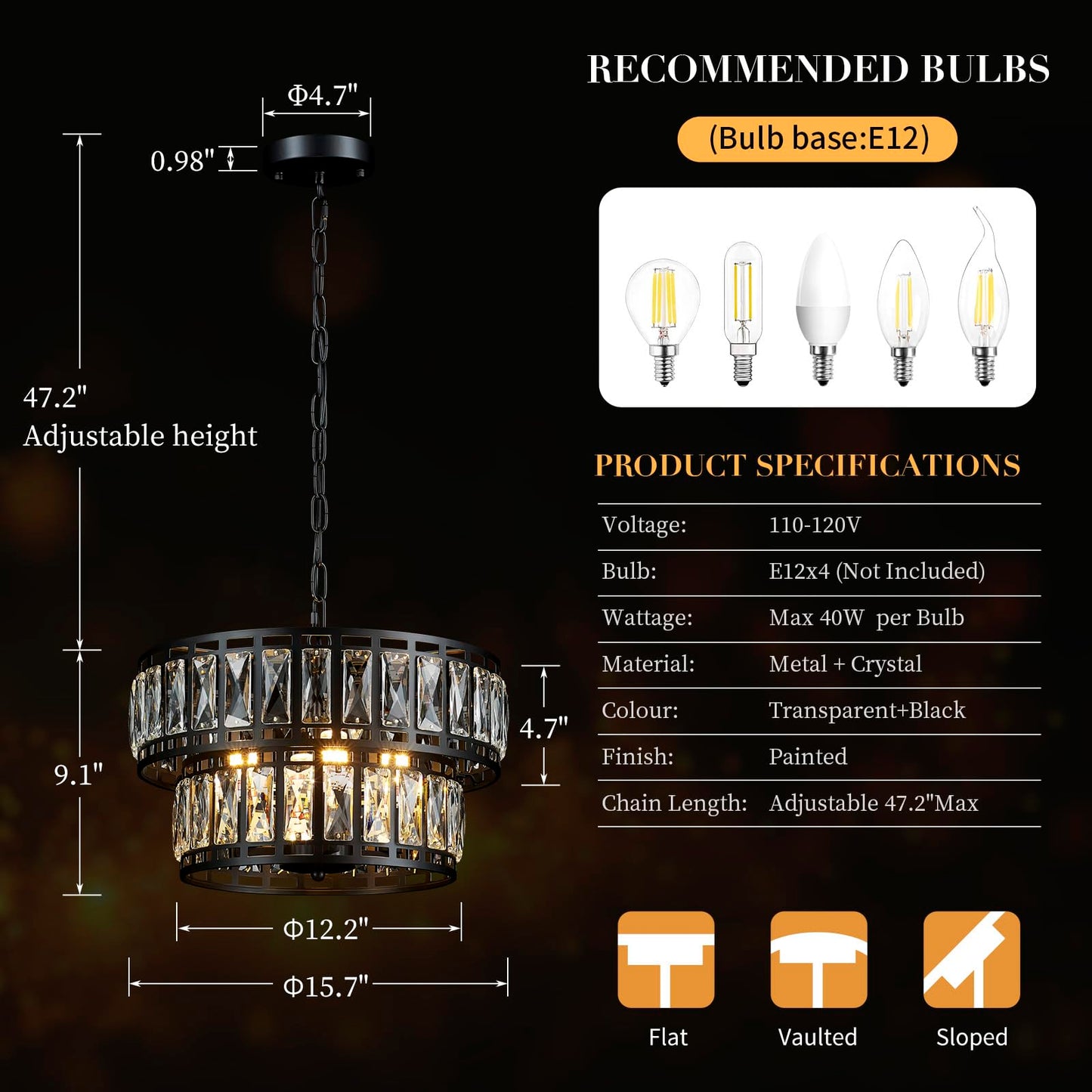 Tunkayli 15.7" Chandeliers for Dining Room, Modern Black K9 Luxury Crystal Chandelier, 4-Light 2-Tier Drum Farmhouse Lighting Fixture for Kitchen Island Living Room Entryway Bedroom Foyer