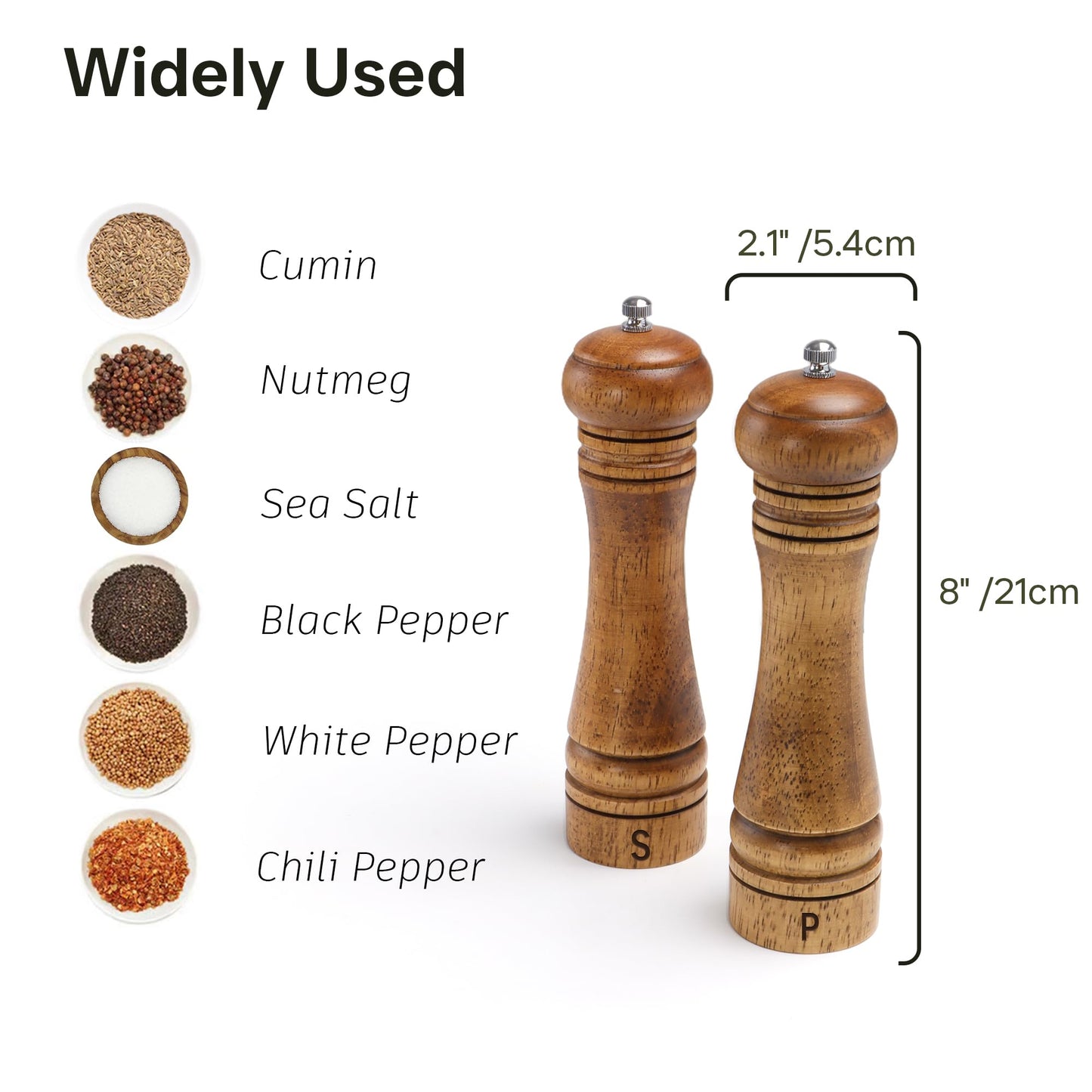 Wooden Salt and Pepper Grinder Set, Premium Oak Wood Salt Grinders Shakers, Manual Pepper Mill with S and P Engraving, Adjustable Ceramic Grinder for House Warming Cooking Gifts – 8 inches, 2 Pack