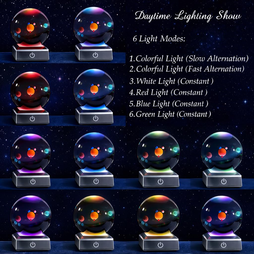 Zerelys 3D Crystal Ball Lamp Night Light, 3.15" Crystal Figurine Lamp Gifts for Women Wife Girlfriend Kid Romantic Room Decor, Birthday Gifts (3D Solar System)
