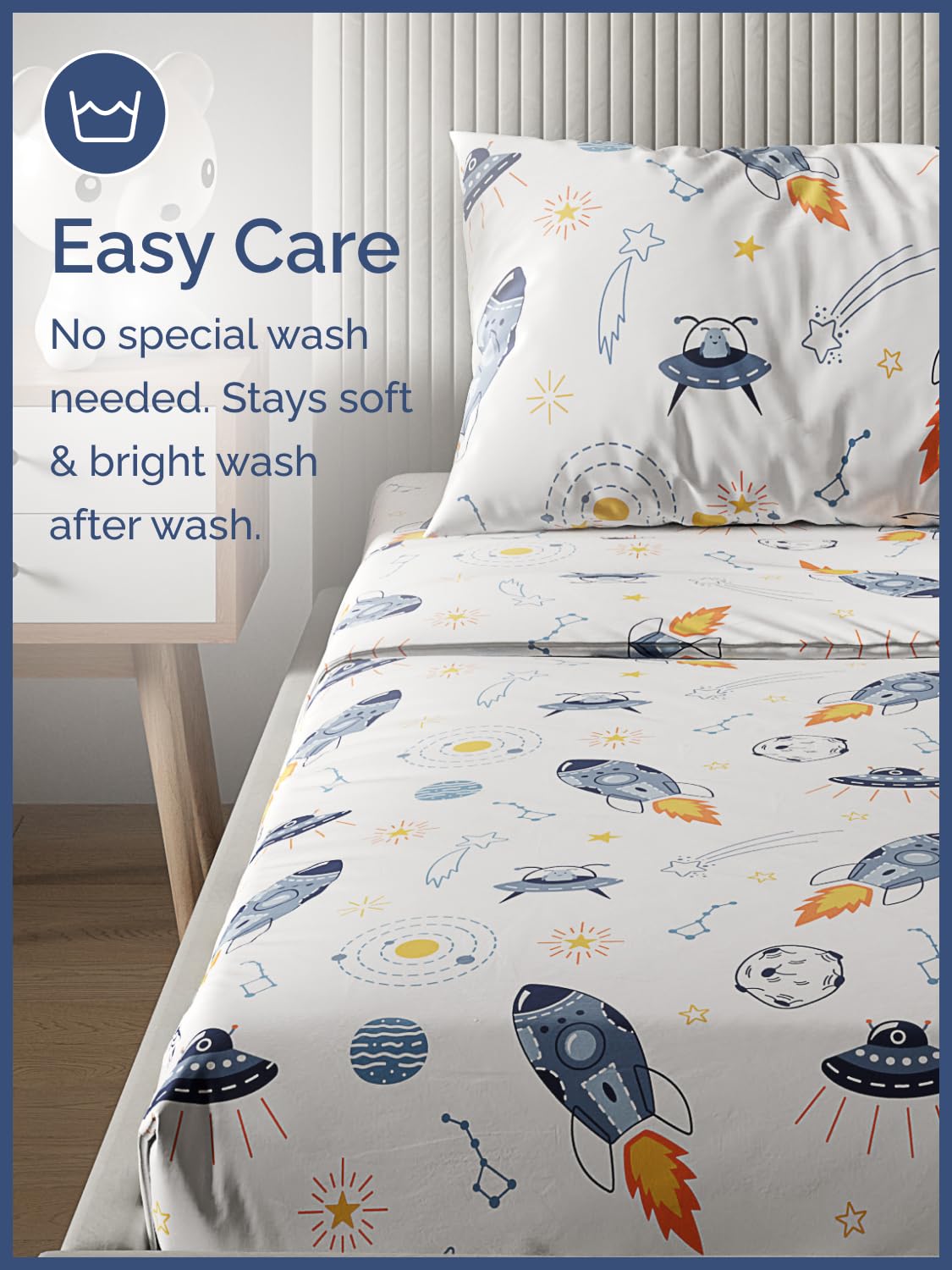 Kids Full Size Bed Sheet Set - 4 Piece Kids Loft Bed Sheets - Space Galaxy Theme bedding - Soft, Cute - Breathable and Machine Washable - Spaceship Rocket Bed Set for Boys, Girls, Teens and Toddlers